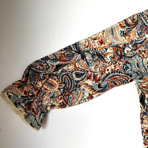 AGB Top Women Paisley Print Large Gathered neckline Long Sleeve Navy and Orange - Picture 8 of 11